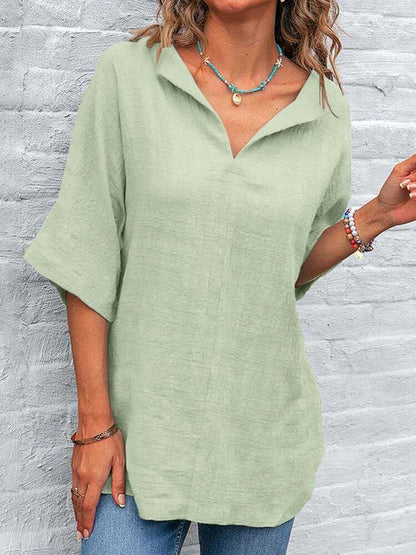 Ladies Cotton Linen V-Neck Vintage Casual Shirt