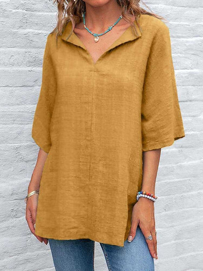 Ladies Cotton Linen V-Neck Vintage Casual Shirt