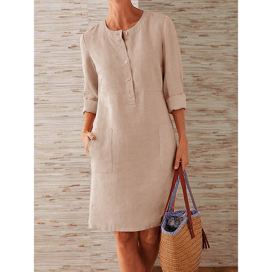 Spring NEW round Neck Solid Color Long Sleeve Dress